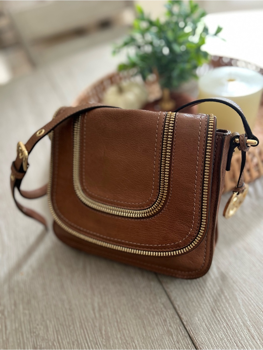 Michael Kors Brown Leather Crossbody with Gold Zippers